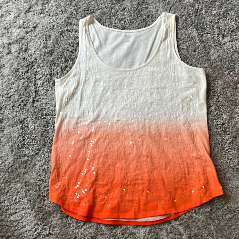 A.N.A Women”s Tank Top with Sequin Front Hombre colors of Orange & White - XL